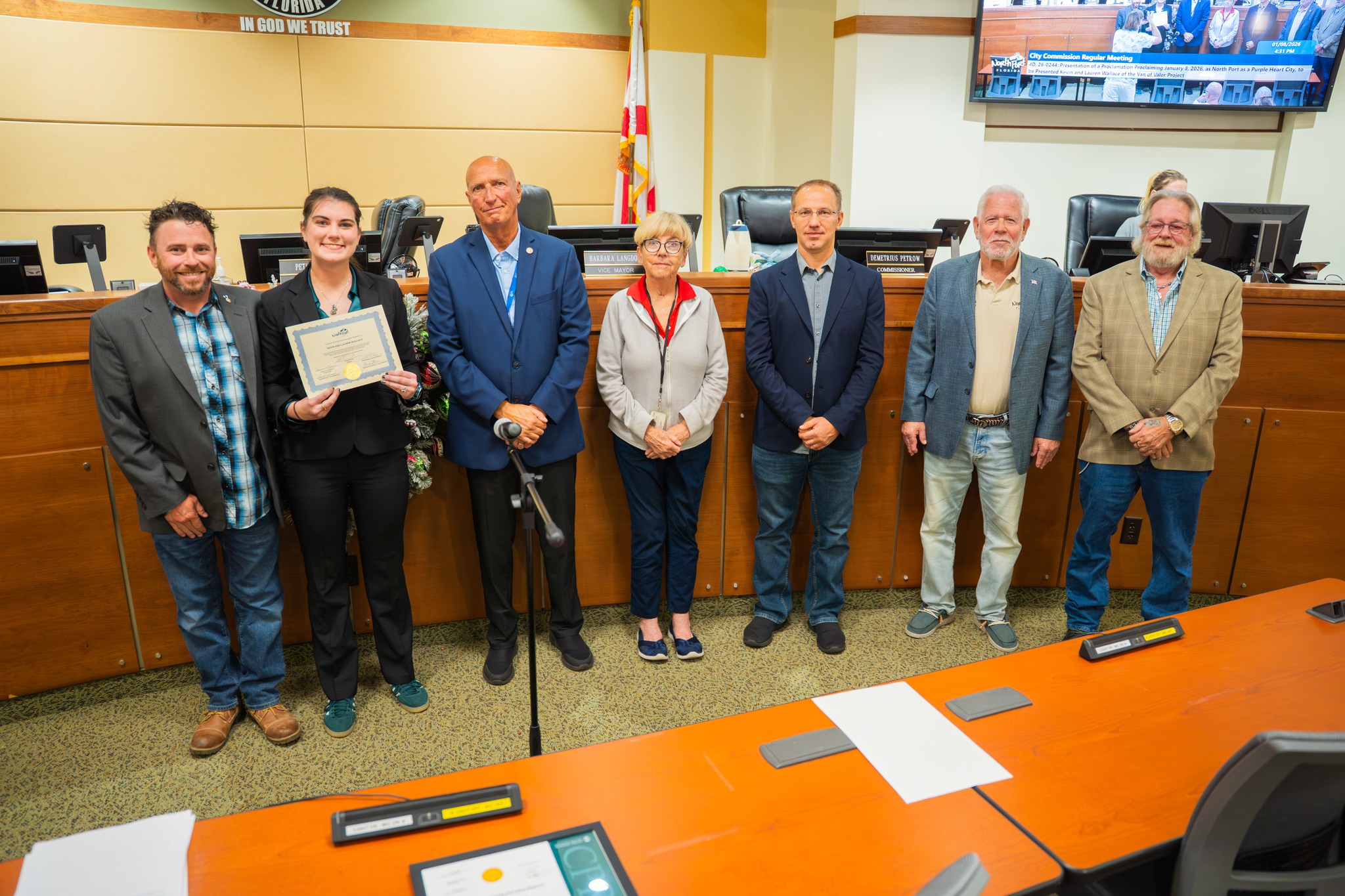 City of North Port, Fla., City Council members honor Lauren and Dr. Kevin Wallace with Certificates of Recognition and officially make the Van of Valor a permanent city landmark.