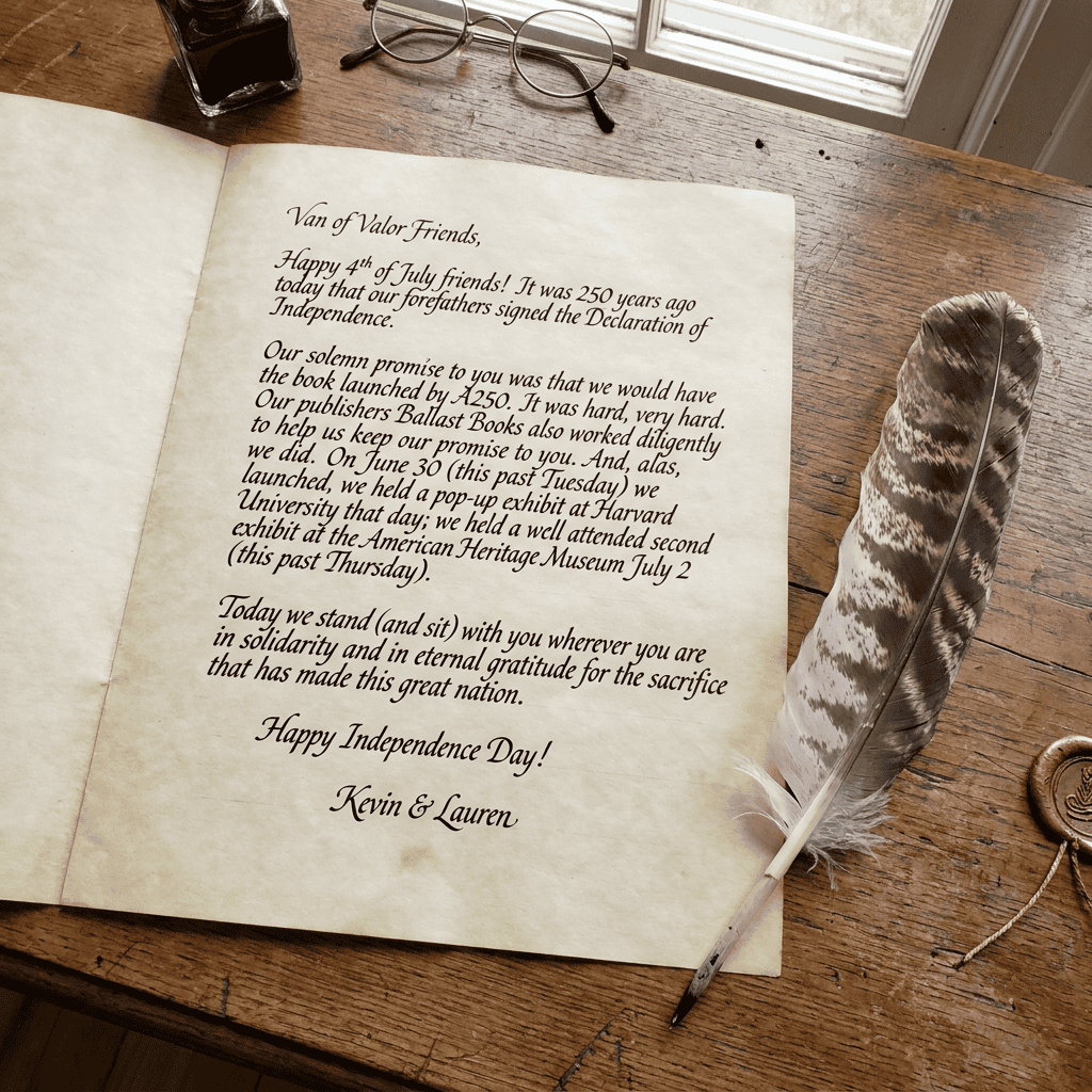 Happy 4th of July friends! It was 250 years ago today that our forefathers signed the Declaration of Independence. Our solemn promise to you was that we would have the book launched by A250. It was hard, very hard. Our publishers Ballast Books also worked diligently to help us keep our promise to you. And, alas, we did. On June 30 (this past Tuesday) we launched, we held a pop-up exhibit at Harvard University that day; we held a well attended second exhibit at the American Heritage Museum July 2 (this past Thursday). Today we stand (and sit) with you wherever you are in solidarity and in eternal gratitude for the sacrifice that has made this great nation. Happy Independence Day! Kevin & Lauren